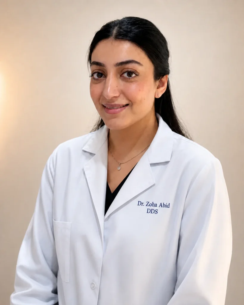 Portrait of Dr. Zoha Abid, DDS, wearing a white coat embroidered with her name