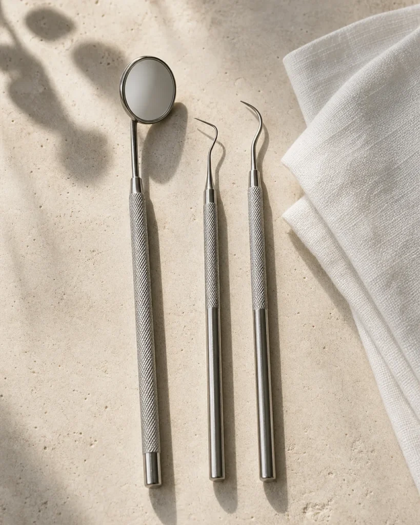 A dental mirror, explorer, and scaler laid on pale limestone beside folded white linen