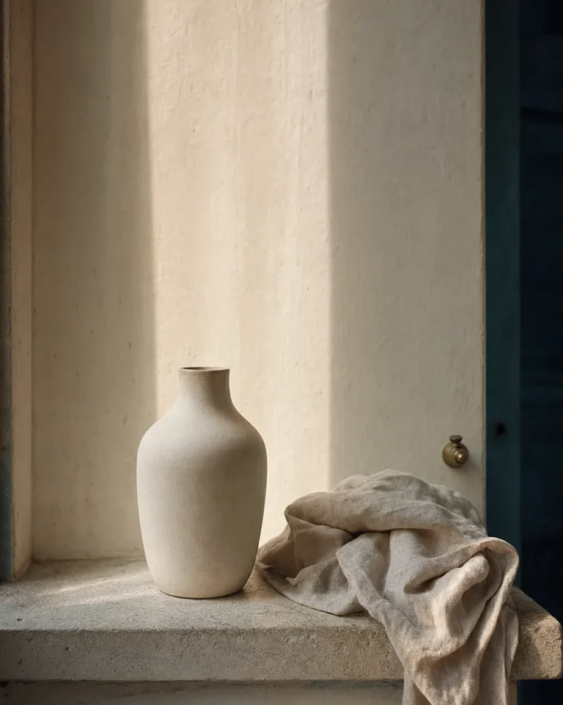 A matte ceramic vessel and folded linen on a limestone ledge in raking daylight